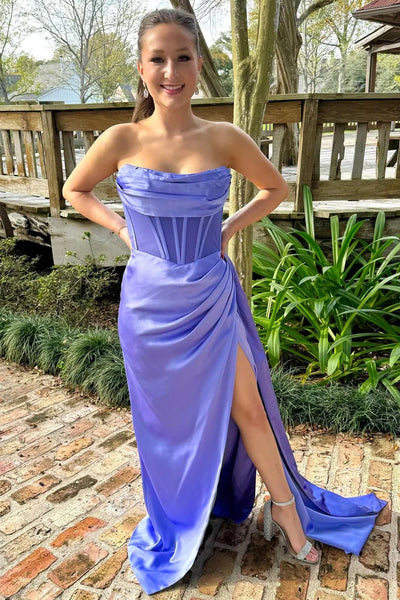 Periwinkle Strapless Pleated Prom Dress with Attached Train VK24011301