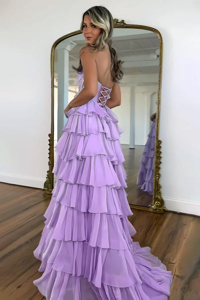 Gorgeous A Line Strapless Daffodial Tiered Chiffon Prom Evening Dresses with Hot Stone VK25052302