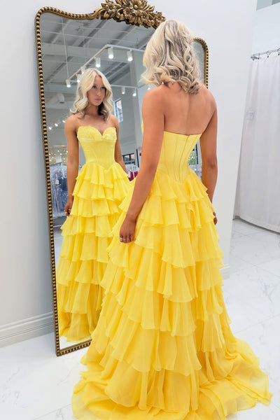 A-Line Strapless Sweetheart Yellow Chiffon Tiered Long Prom Dresses with Bow VK26012506