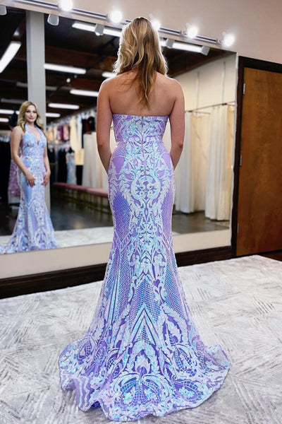 Charming Mermaid Halter Lavender Sequin Lace Long Prom Dresses with Train VK23100606