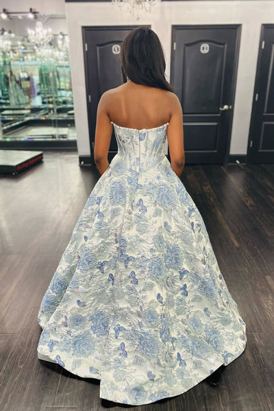 Cute A Line Scoop Neck Grey Light Blue Floral Satin Prom Dress