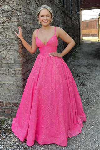 Fuchsia Sequins Spaghetti Straps A-Line Long Prom Dress VK23101602