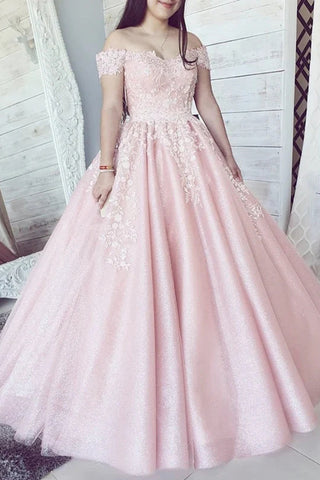 Sweetheart Pink Tulle Off Shoulder Long Formal Dress Sweet 16 Prom Dresses 2021 VK0205003