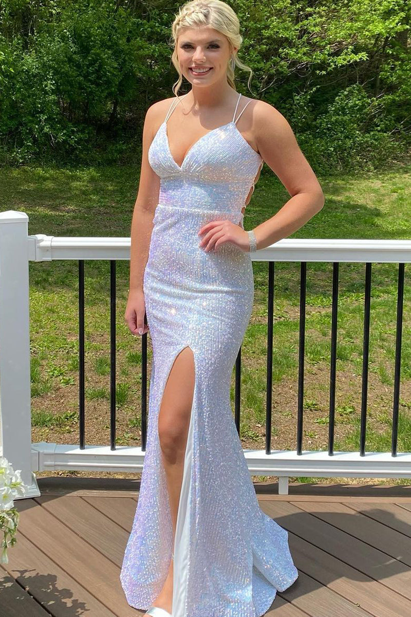 Sparkly Mermaid V Neck White Sequins Long Prom Dresses with Slit VK23050806