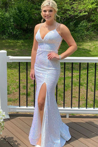Sparkly Mermaid V Neck White Sequins Long Prom Dresses with Slit VK23050806