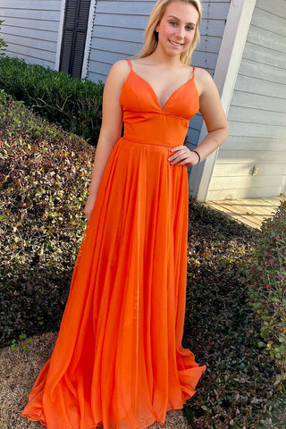 Chic A-Line V Neck Orange Chiffon Long Evening Dresses Prom Dresses 2022 VK22022305