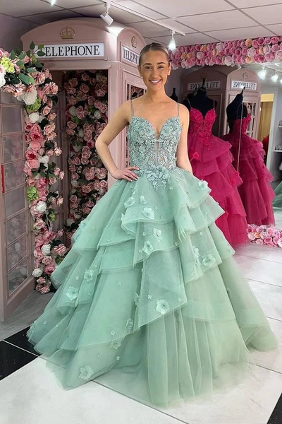 Ball Gown Fuchsia Sweetheart Tiered Tulle Prom Dresses with Appliques VK24010706