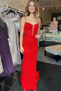 Sparkly Mermaid Scoop Neck Red Sequins Prom Dresses VK121601