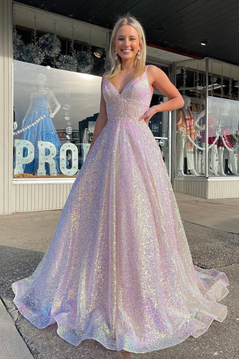 Cute Ball Gown V Neck Lavender Sequins Prom Dresses VK122904