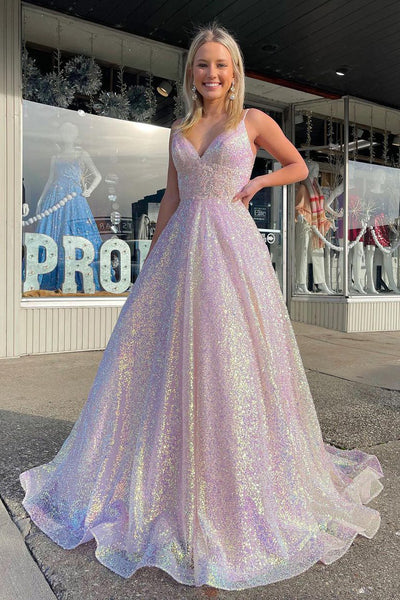 Cute Ball Gown V Neck Lavender Sequins Prom Dresses VK122904