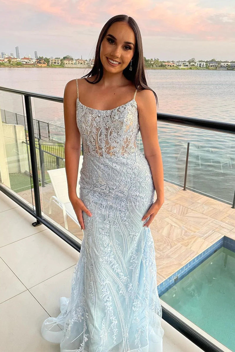 Cute Mermaid Scoop Neck Lace Light Blue Long Prom Dresses VK112103