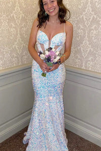 Sparkly Mermaid Sweetheart White Sequins Long Prom Dresses VK23051105