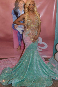 Charming Mermaid V Neck Sage Green & Pink Sequines Prom Dresses with Beaded VK23031503