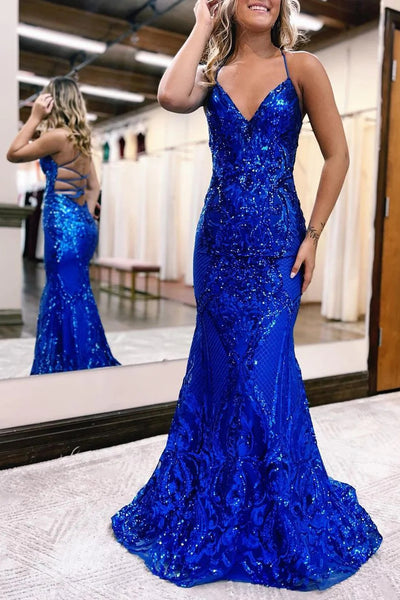 Charming Mermaid V Neck Royalblue Sequins Long Prom Dresses VK23020101
