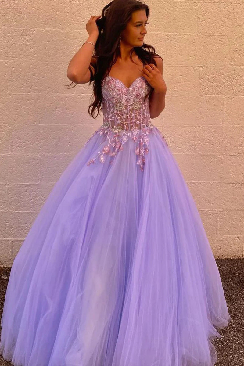 Cute A Line V Neck Lavender Tulle Long Prom Dresses with Appliques VK112302
