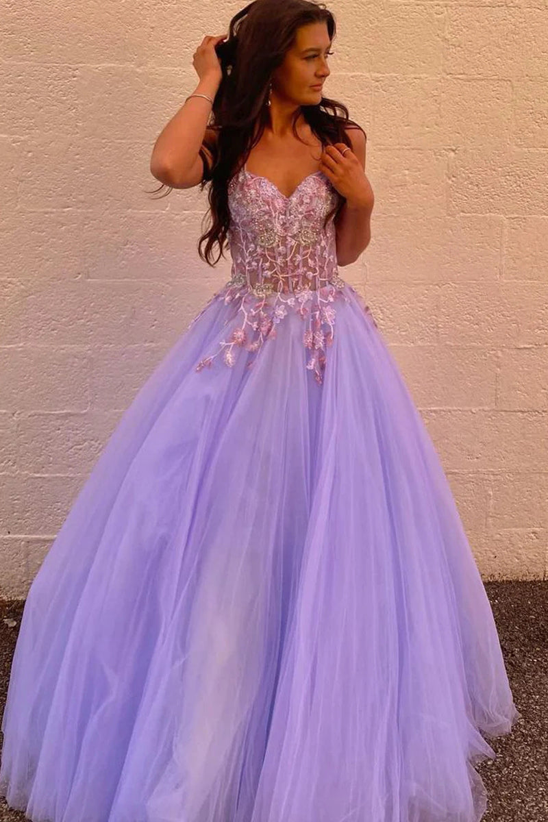 Cute A Line V Neck Lavender Tulle Long Prom Dresses with Appliques VK112302