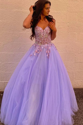 Cute A Line V Neck Lavender Tulle Long Prom Dresses with Appliques VK112302