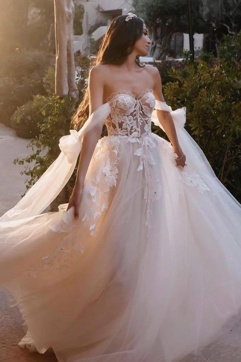 Cute A Line Sweetheart Tulle Wedding Dresses with Appliques VK23060805