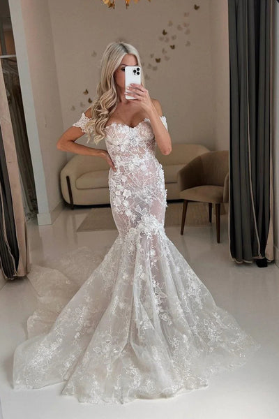 Fairy Mermaid Off the Shoulder Lace Long Wedding Dresses with Appliques VK23052101