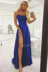 Charming Scoop Neck Spaghetti Straps Neckline Sweep Train A-line Prom Dresses With Slit VK0105003