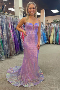 Cute Mermaid V Neck Pink Sequins Prom Dresses VK121102