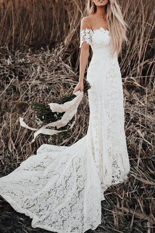 Exquisite Mermaid Round Neck Short Sleeves Lace Wedding Dresses with Train VK0105013
