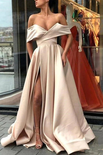 Elegant Off Shoulder Satin Champagne Long Prom Dresses with Slit, Champagne Formal Dresses, Evening Dresses VK0118022