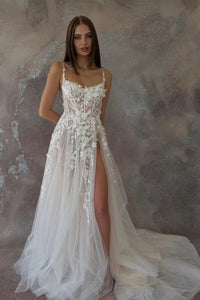 A Line Square Neck Tulle Wedding Dresses with Appliques VK23050409