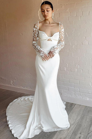 Elegant Mermaid Sweetheart Satin Long Wedding Dresses with Long Sleeves VK112104