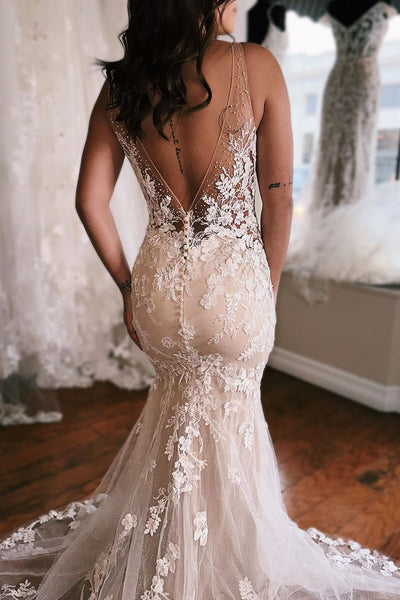 Elegant Mermaid V Neck Tulle Lace Wedding Dress VK23090204