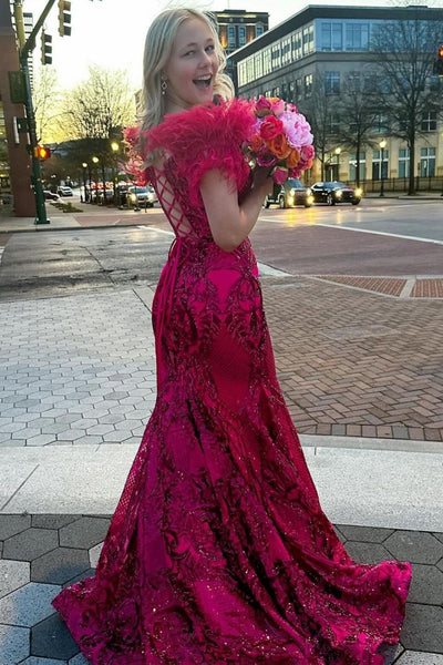 Fuchsia Off the Shoulder Sequins Mermaid Long Prom Dresses with Feather VK24032805