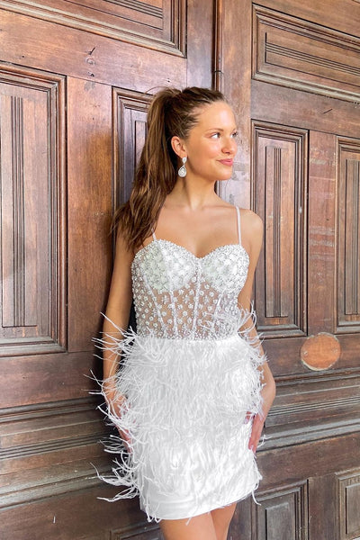 Sweetheart Spaghetti Straps Beaded Purple Feather Short Homecoming Dress VK23082201