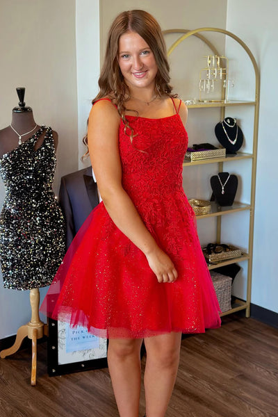 A-Line Scoop Neck Red Lace Tulle Short Homecoming Dresses VK25091609