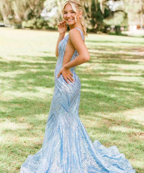 Charming Mermaid V Neck Light Blue Sequins Long Prom Dresses VK23052208