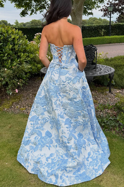 A Line Scoop Neck Blue Jacquard Satin Long Prom Dresses VK26080909