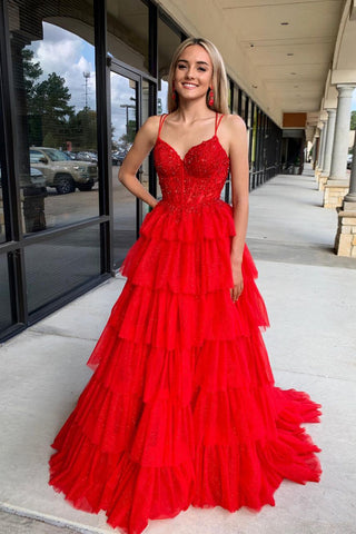 Red Spaghetti Straps Ruffle Tiered Tulle Long Prom Dresses VK24011904