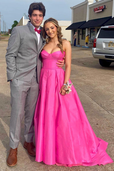 Fuchsia Strapless Satin Sweeping Long Prom Dress VK23092409