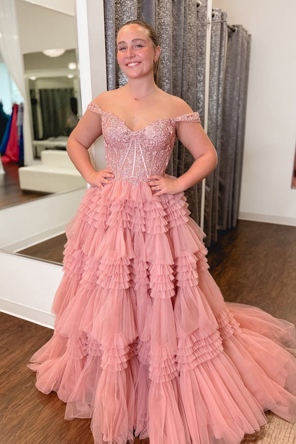 Ball Gown Off the Shoulder Blush Pink Ruffle Tiered Tulle Prom Dresses with Appliques VK021206