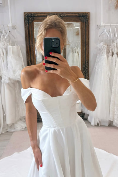 Gorgeous Ball Gown Off the Shoulder Satin Long Wedding Dress with Slit VK25060801