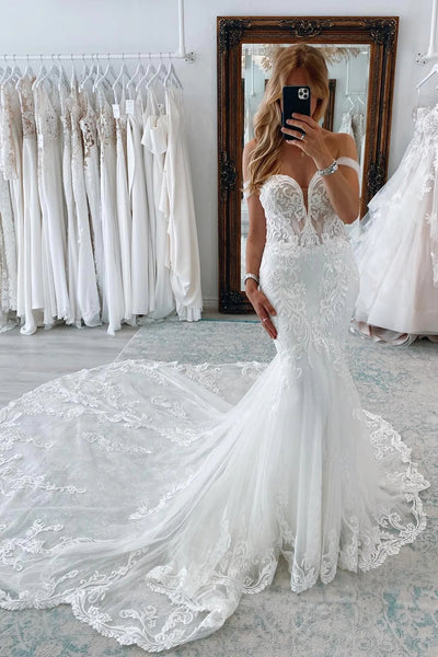 White Mermaid Sweetheart Tulle Wedding Dresses with Lace VK23082701