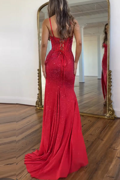 Mermaid Spaghetti Straps Red Corset Beads Long Prom Dresses with Slit VK26020101