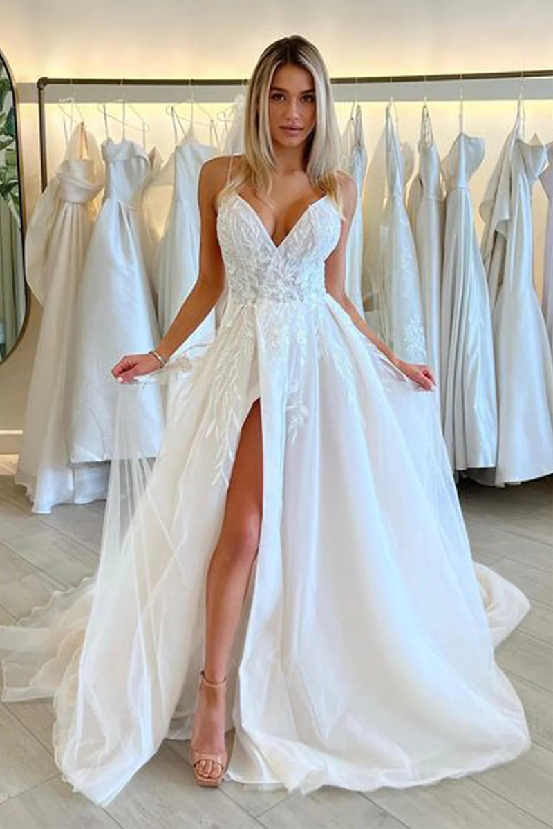 Gorgeous A Line V Neck Organza Satin Long Wedding Dresses with Appliques VK082202