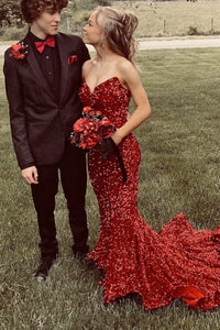 Charming Mermaid V Neck Red Sequins Long Prom Dresses VK23051902