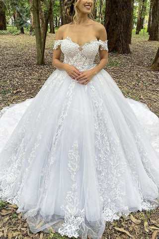 Gourgeous Ball Gown Off the Shoulder Tulle Wedding Dresses with Appliques VK23060803