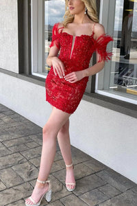 Cute Bodycon Red Sequins Straps Short Homecoming Dresses with Slit VK082501