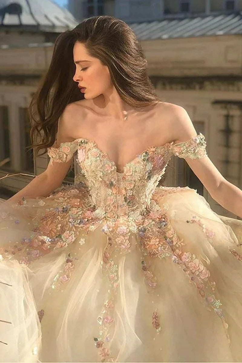 Gorgeous Off Shoulder Long Champagne Lace Floral Prom Dresses, Off Sho – Vickidress