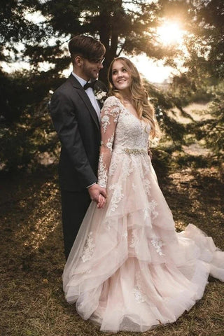Charming V Neck A-Line Long Sleeves Plus Size Wedding Dresses with Appliques VK0105021