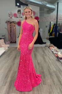 Sparkly One Shoulder Mermaid Hot Pink Sequins Prom Dresses with Slit VK23010803