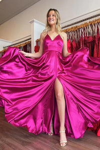 Cute A Line V Neck Fuchsia Satin Long Prom Dresses VK23051001