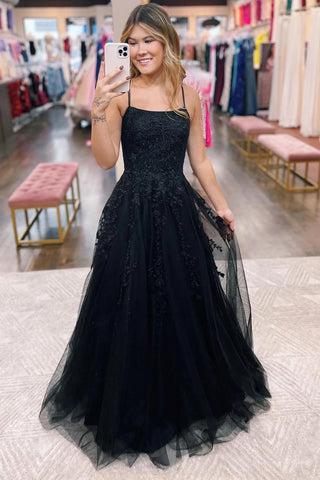 Cute A Line Scoop Neck Black Tulle Prom Dresses with Lace VK121603
